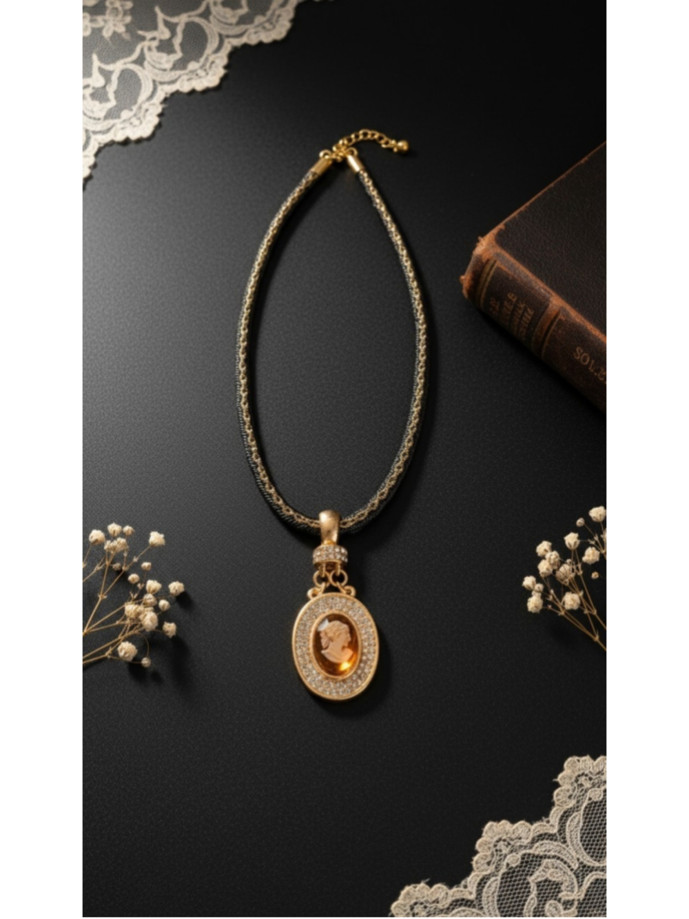 Vintage Amber Glass Cameo Pendant Mesh Cord Necklace Rhinestone Statement Gold
